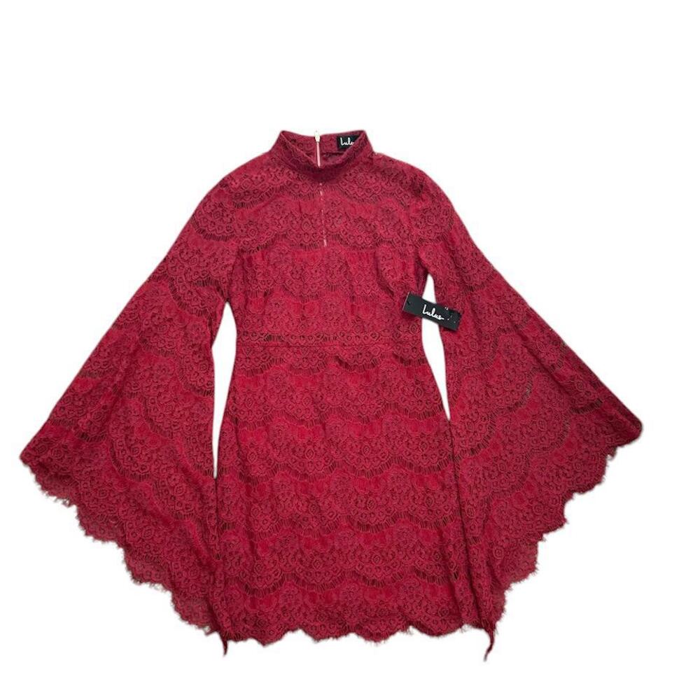 Lulu’s Bewitching Babe Wine Red Lace Bell Sleeve Dress Small Witchy Valentines
